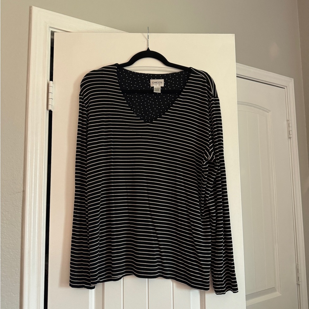 Chico's Black and White Striped V-Neck Long Sleeve Top